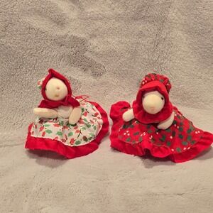 Vintage 1980s Russ Berrie Mice w/ Red/White Christmas Dress & Bonnet Ornaments